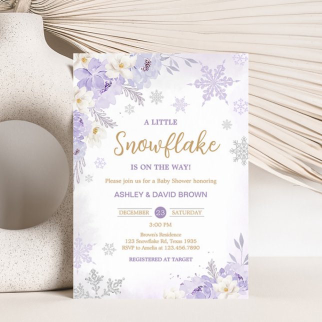 Purple A Little Snowflake Baby Shower  Invitation (Purple Winter Snowflake Baby Shower Invitation)