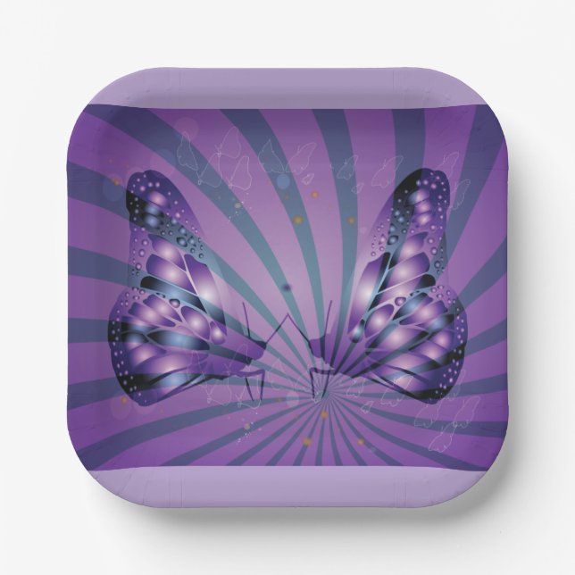 Purple Abstract Butterfly with Radiant Wings Paper Plate (Front)