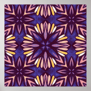 Purple Abstract Floral Pattern Yellow Indigo Boho Poster