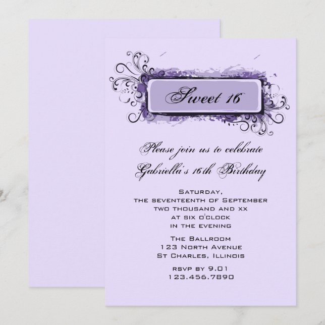 Purple Abstract Floral Sweet 16 Birthday Party Invitation (Front/Back)