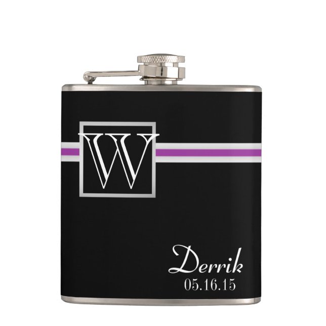 Purple Accent Stripe and Monogram Hip Flask (Front)