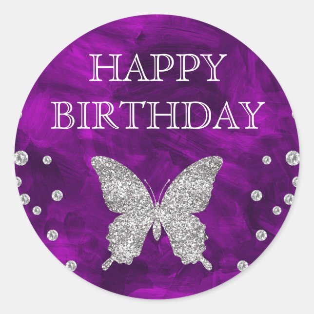 Purple Acrylic & Silver Glitter Butterfly Birthday Classic Round Sticker (Front)