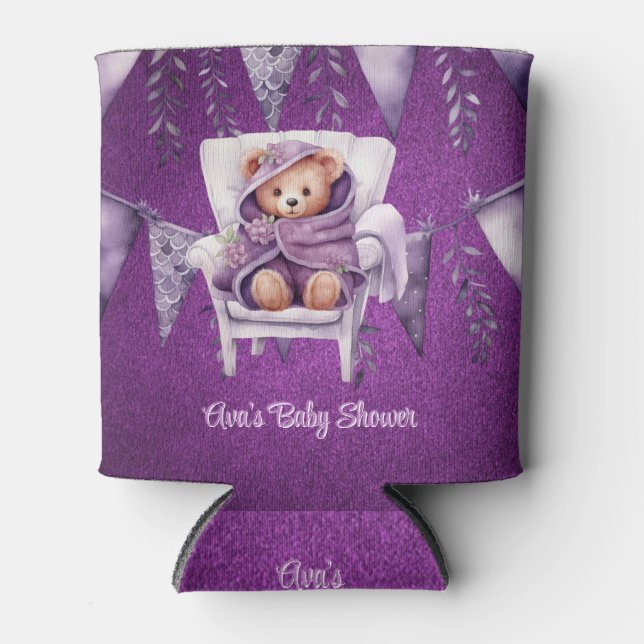 Purple Adorable Teddy Bear Girl Baby Shower Can Cooler (Front)