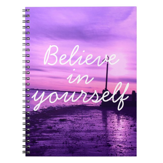 Purple Aesthetic Sunset Beach Believe in Yourself Notebook (Front)