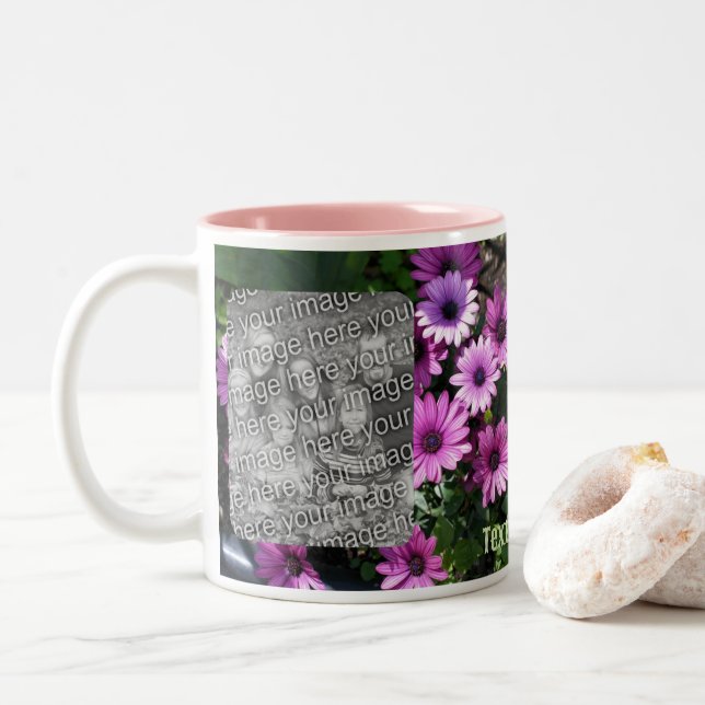 Purple African Daisy Flowers Frame Add Your Photo Two-Tone Coffee Mug (With Donut)