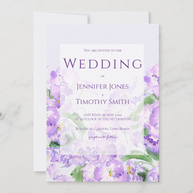  purple African violet wedding invitation (Front)