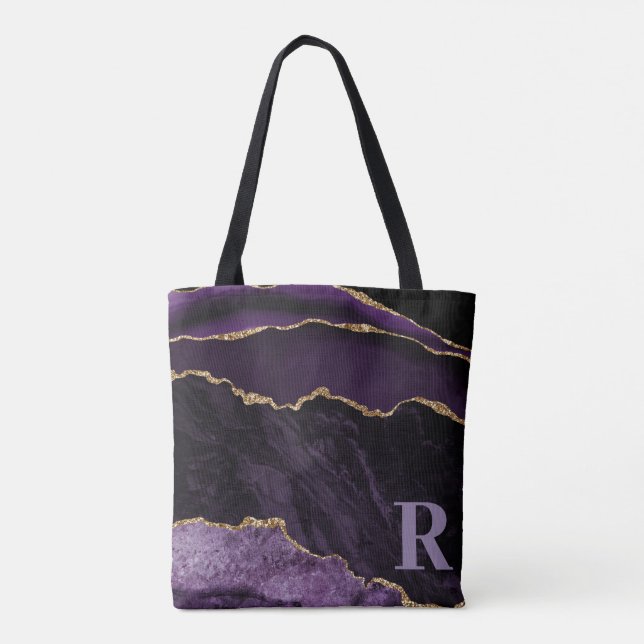 Purple Agate Faux Glitter Custom Initial Monogram  Tote Bag (Back)