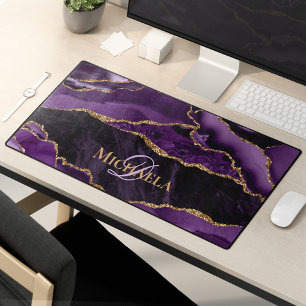 Purple Agate Geode Gold Glitter Monogram Desk Mat