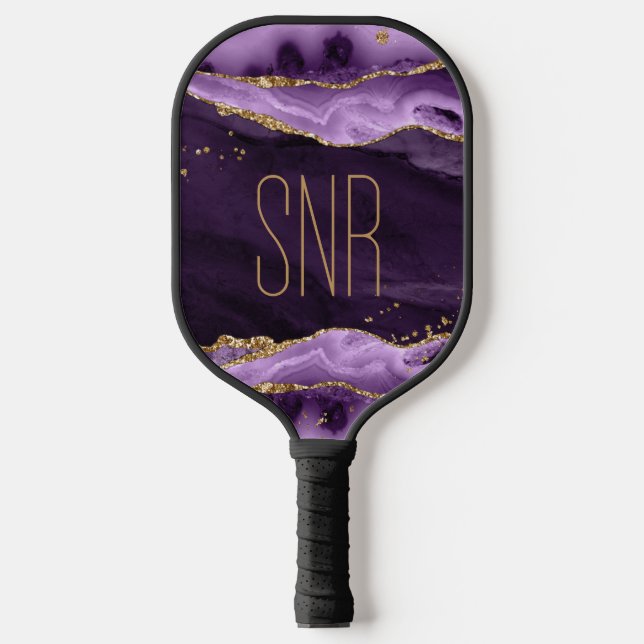 Purple Agate Geode Gold Glitter Personalised Pickleball Paddle (Front)