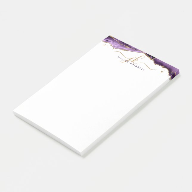 Purple Agate Geode Gold Glitter Script Monogram Post-it Notes (Angled)