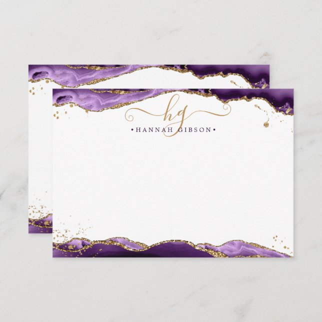 Purple Agate Geode Monogram Script Gold Glitter Card (Front/Back)