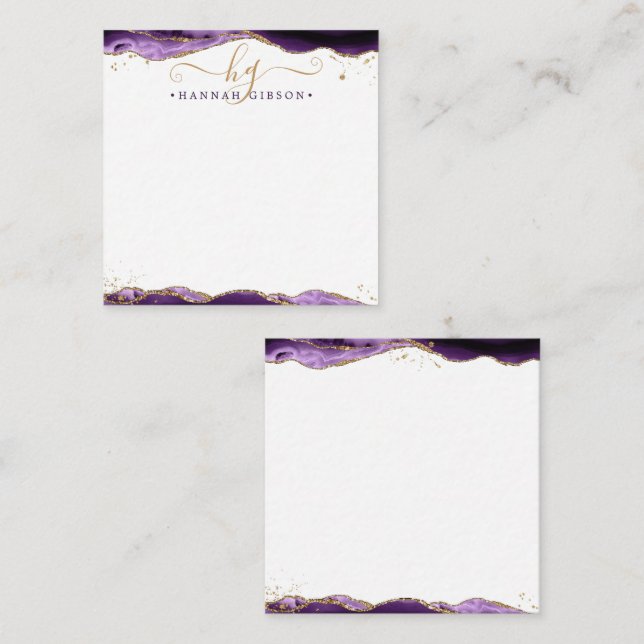 Purple Agate Geode Script Monogram Gold Glitter Card (Front/Back)