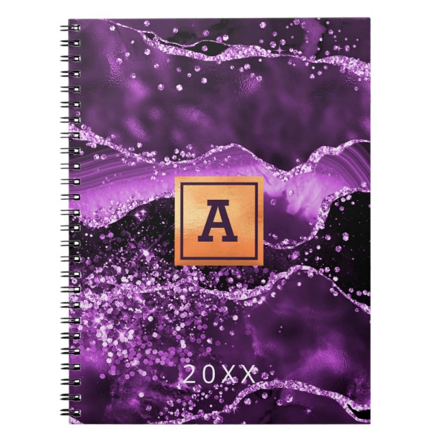 Purple agate glitter pink marble name gold notebook (Front)