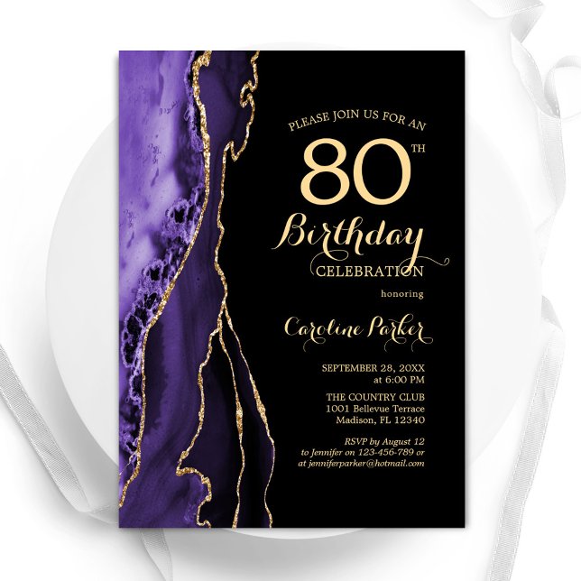 Purple Agate Gold Black 80th Birthday Invitation (Creator Uploaded)
