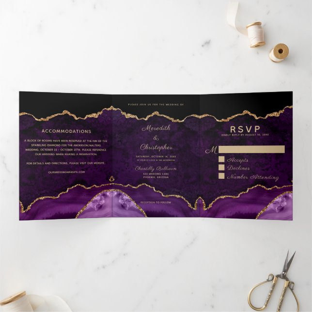 Purple Agate Gold Glitter Geode Photo Wedding Tri-Fold Invitation (Inside)