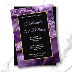 Purple Agate Gold Glitter Glam 21st Birthday Invitation