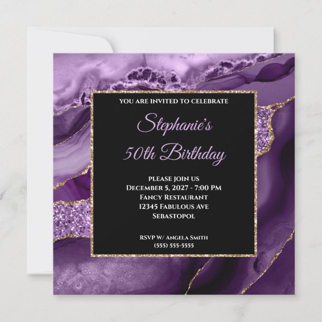 Purple Agate Gold Glitter Glam 50th Birthday Invitation (Front)