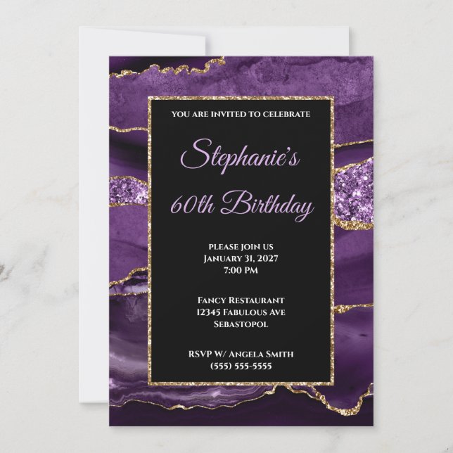 Purple Agate Gold Glitter Glam 60th Birthday Invitation (Front)