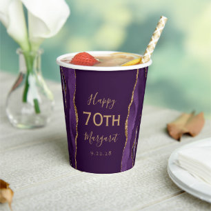 Purple Agate Gold Glitter Plum 70th Birthday Paper Cups