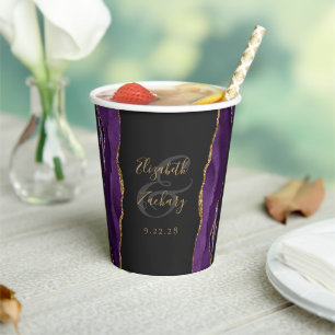 Purple Agate Gold Glitter Script Dark Wedding Paper Cups