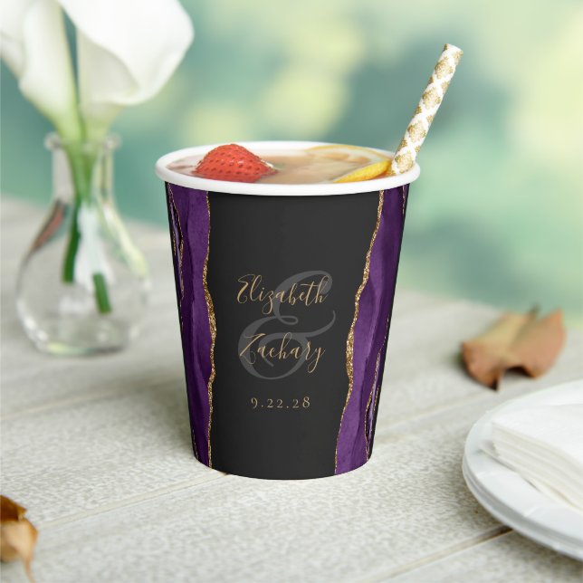 Purple Agate Gold Glitter Script Dark Wedding Paper Cups (Insitu)