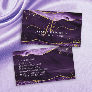 Purple Agate Gold Glitter Script Monogram Business Card