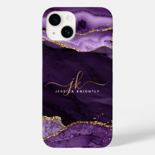 Purple Agate Gold Glitter Script Monogram Name Case-Mate iPhone 14 Case