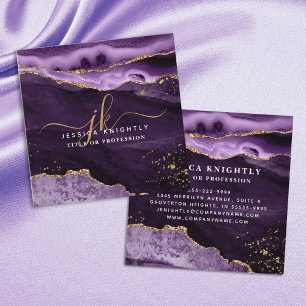 Purple Agate Gold Glitter Script Monogram QR Square Business Card