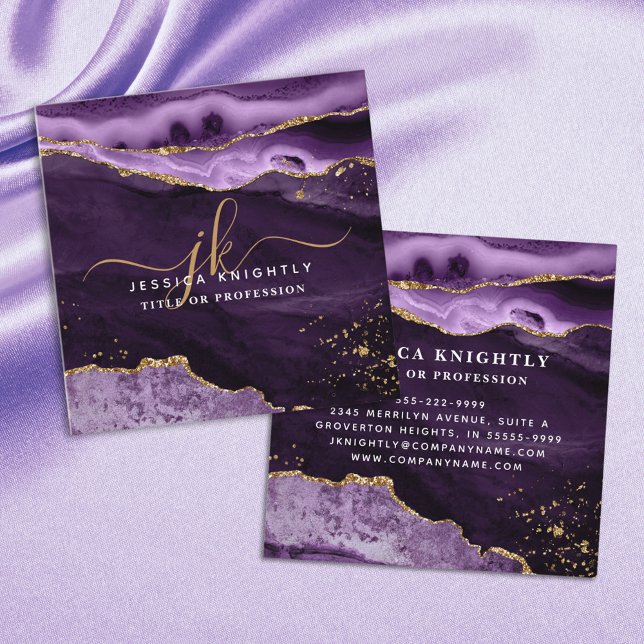 Purple Agate Gold Glitter Script Monogram Square Business Card (Creator Uploaded)