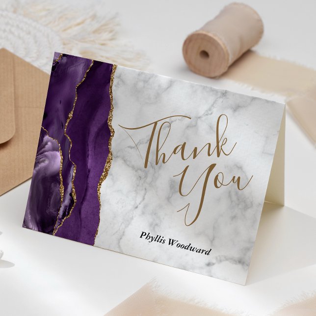 Purple Agate Gold Grey Marble Thank You Blank Card (Creator Uploaded)