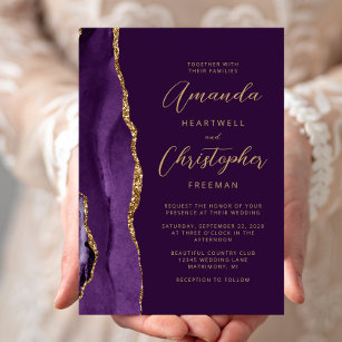 Purple Agate Gold Modern Script Wedding Invitation