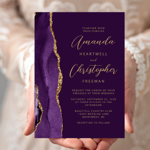 Purple Agate Gold Modern Script Wedding Invitation