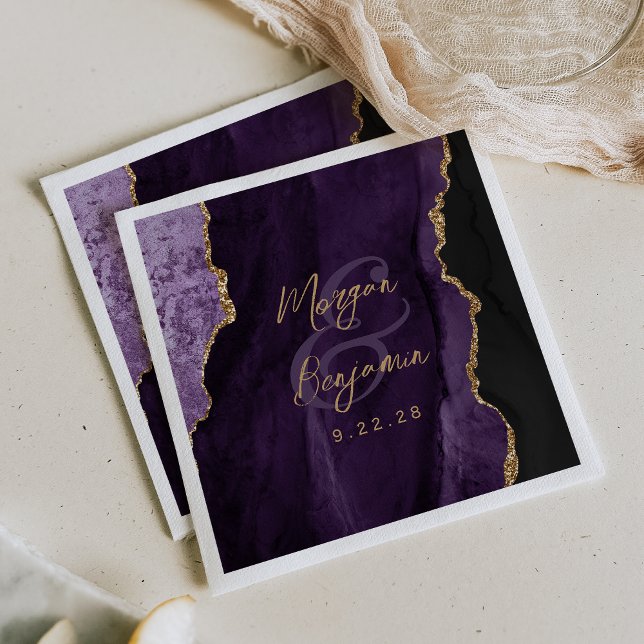 Purple Agate Gold Script Wedding Napkin (Creator Uploaded)