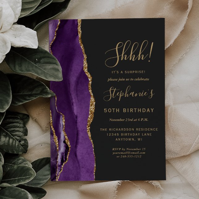 Purple Agate Gold Surprise 50th Birthday Party Invitation (Creator Uploaded)