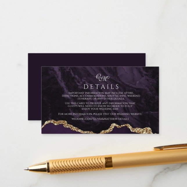 Purple Agate & Gold Wedding Script Details Cards (Front/Back In Situ)