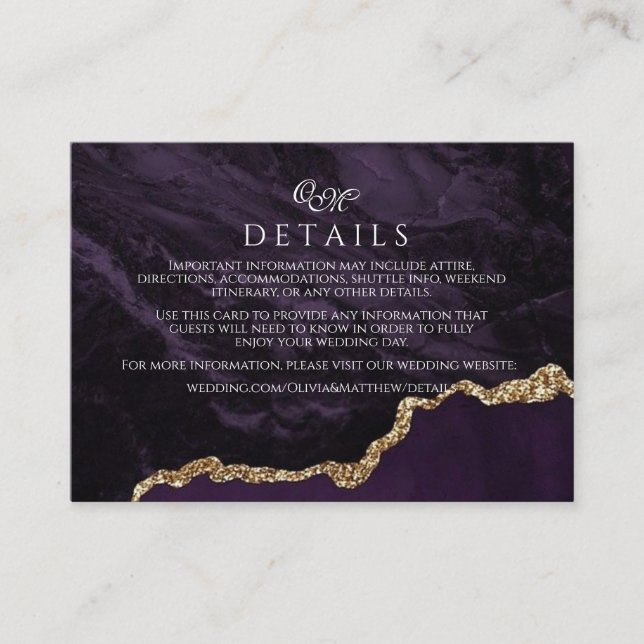 Purple Agate & Gold Wedding Script Details Cards (Front)