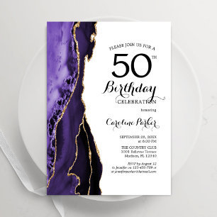 Purple Agate Gold White 50th Birthday Invitation