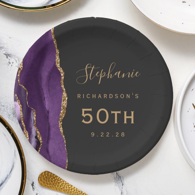 Purple Agate Marble Gold Dark 50th Birthday Paper Plate (Creator Uploaded)