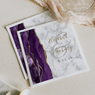 Purple Agate Marble Gold Script Wedding Napkin