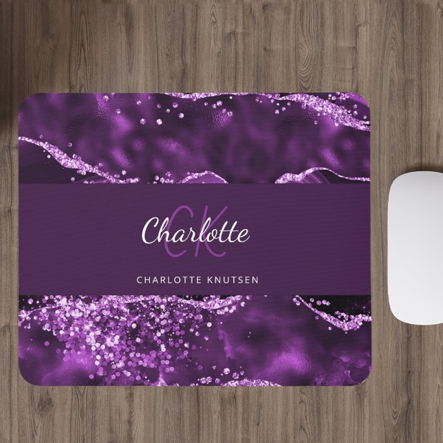 Purple agate marble monogram name mouse pad (Creator Uploaded)