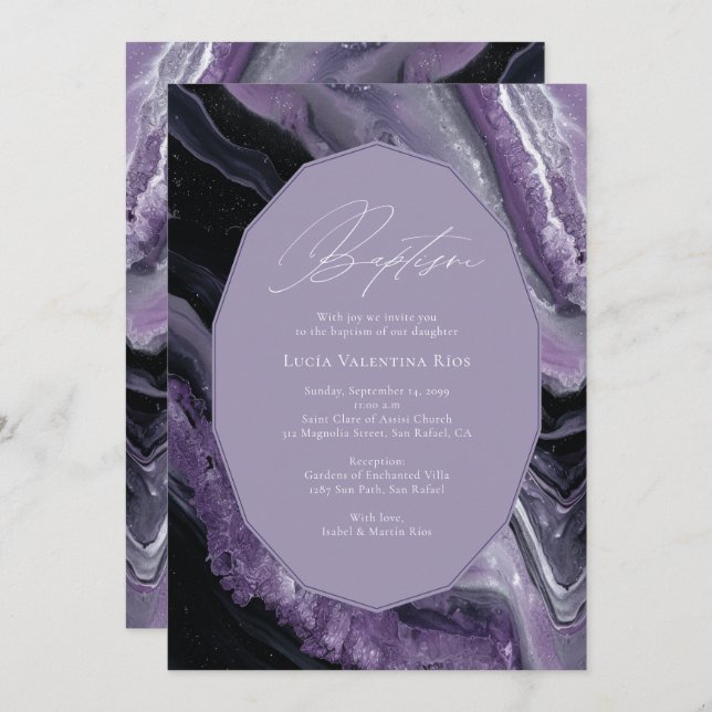 Purple Agate Modern Baby Christening Baptism Invitation (Front/Back)
