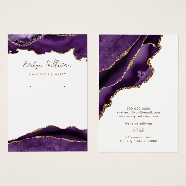 Purple agate on white earring display card (Front & Back)