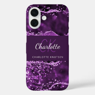 Purple agate pink marble monogram name iPhone 16 case