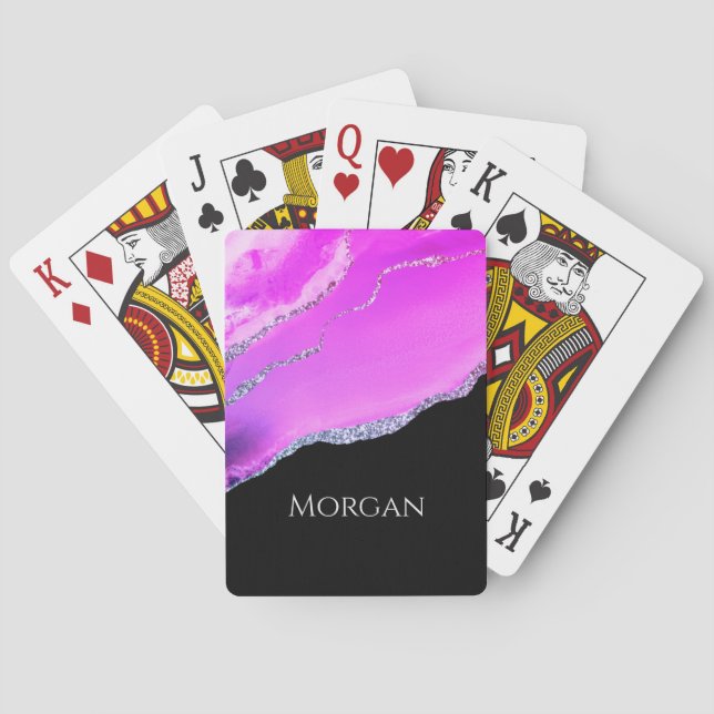 Purple Agate, Silver Glitter & Name on Black Playing Cards (Back)