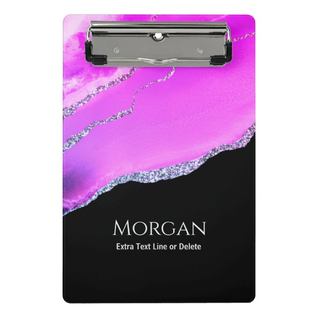 Purple Agate, Silver Glitter, Name & Text on Black Mini Clipboard (Front)