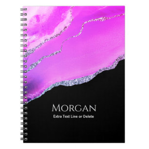 Purple Agate, Silver Glitter, Name & Text on Black Notebook