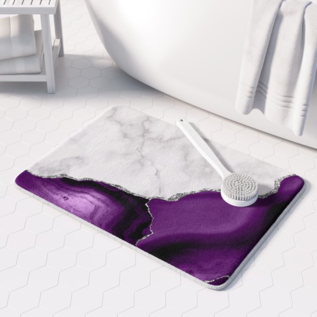 Purple Agate Silver Glitter White Marble Bath Mat (Creator Uploaded)