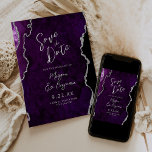 Purple Agate Silver Script Wedding Save the Date Invitation<br><div class="desc">This elegant wedding save the date features a background image of purple watercolor agate trimmed with faux silver glitter. The customizable text combines silver gray modern handwriting,  copperplate and italic fonts. The reverse side features a coordinating purple and silver agate design.</div>