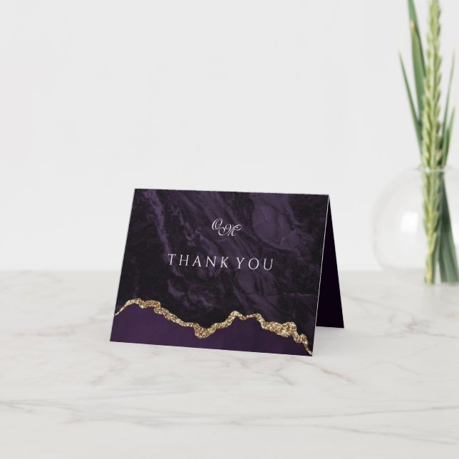 Purple Agate Wedding Script Monogram Thank You Card (Front)