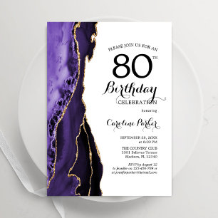 Purple Agate White Gold 80th Birthday Invitation